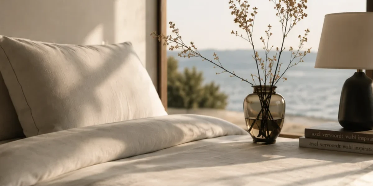 Linen bed with sea view