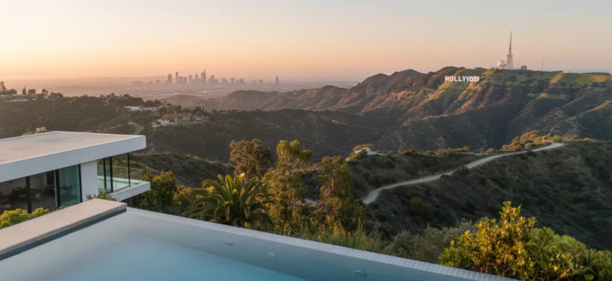 Hollywood Hills villa pool with Hollywood sign