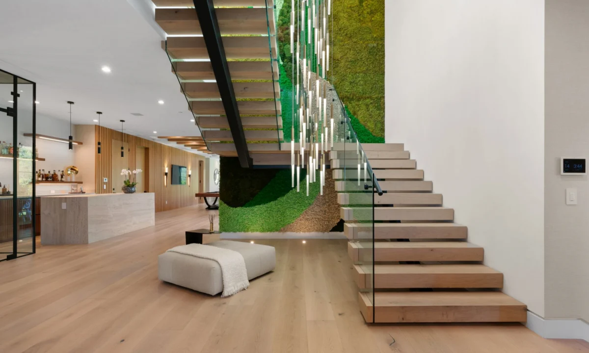 Villa interior with floating staircase