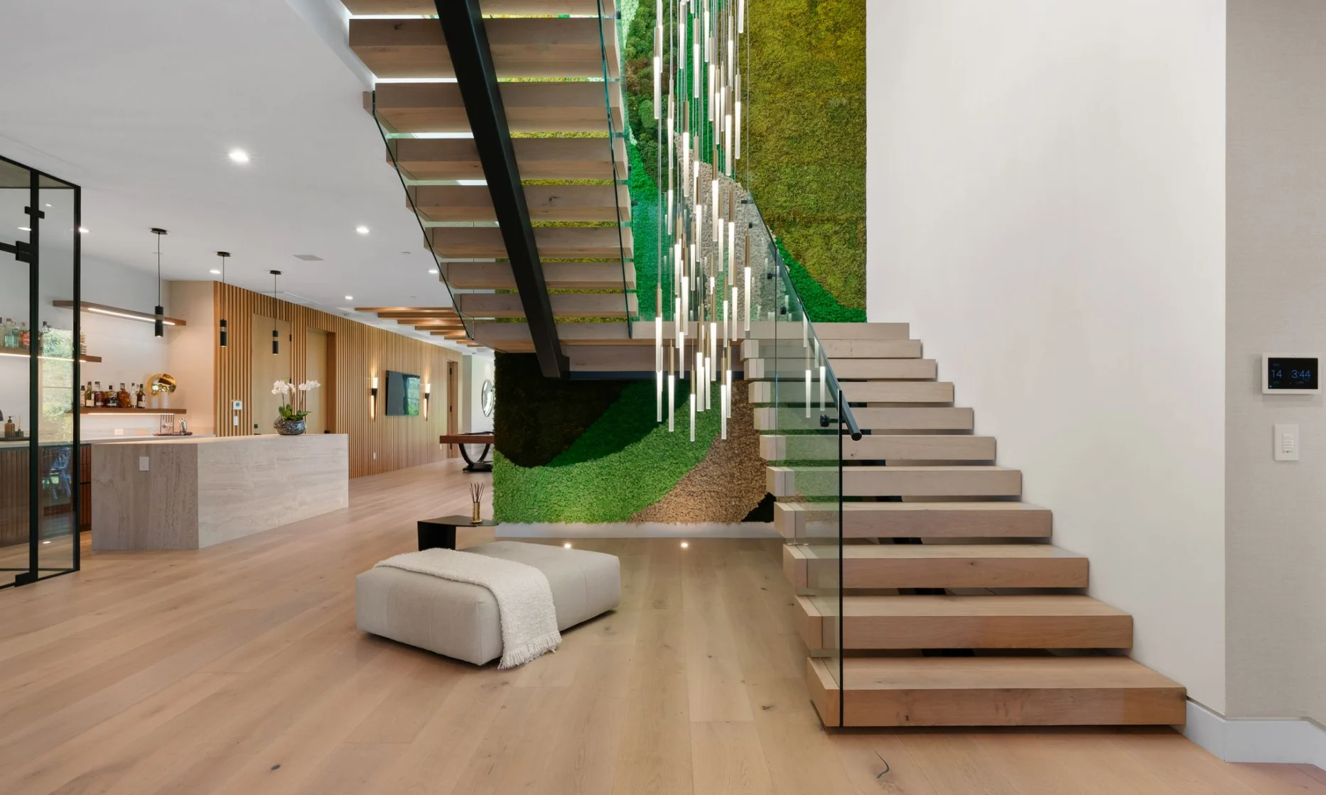 Villa interior with floating staircase